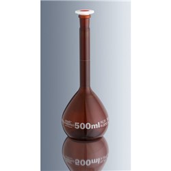 Volumetric flask, 50ml, cl.A, boros. amber glass 3.3, grad., ground joint & polystopper / PK 10