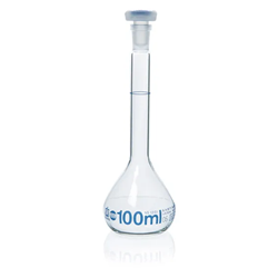 Vol. flask BLAUBRAND® class A, 150ml, Boro 3.3, NS 14/23, PP-stopper, grad. in blue / EA