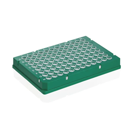 PCR Plate, 96-Well, 0.15mL, Rigid, PC/PP, Low Prof, Green, Trans. Well, Skrtd, BIO-CERT® PCR / PK 50