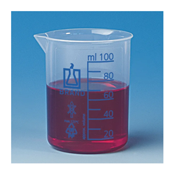 Beaker, low form, PP,  50ml : 10ml, grad. Blue, high clarity, according to ISO 7056
