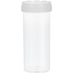 Container 120 ml, 105 x 44mm, flat base, PP, with  graduation, with  PE cap NS /PK 250